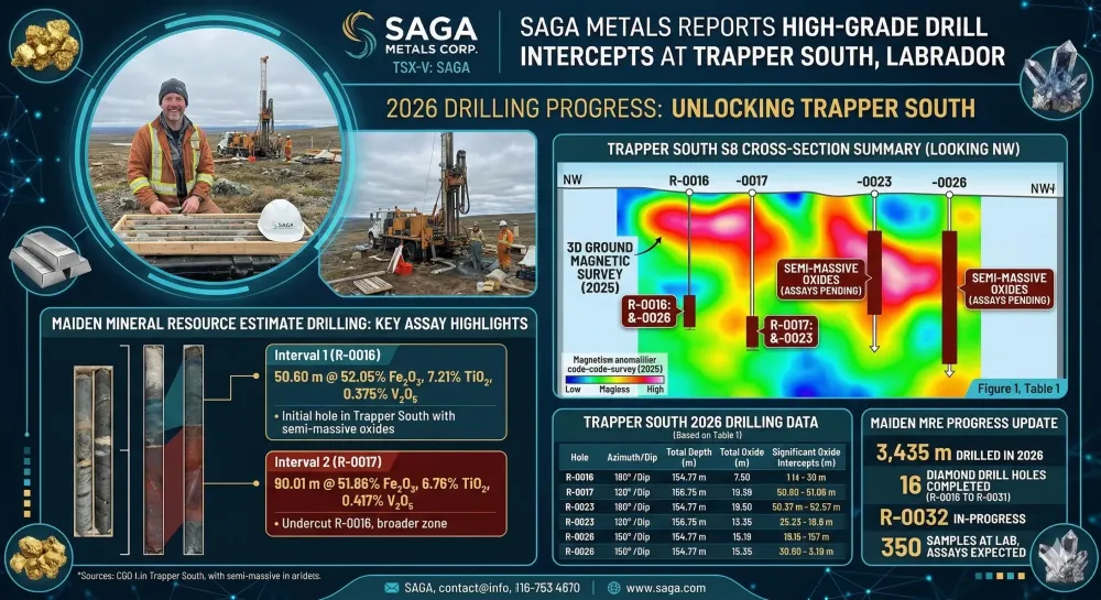 SAGA Metals Reports Assay Intercepts Including 52.05% Fe₂O₃, 7.21% TiO₂, 0.375% V₂O₅ from 2026 Drilling at Trapper South, Radar Critical Minerals Project in Labrador