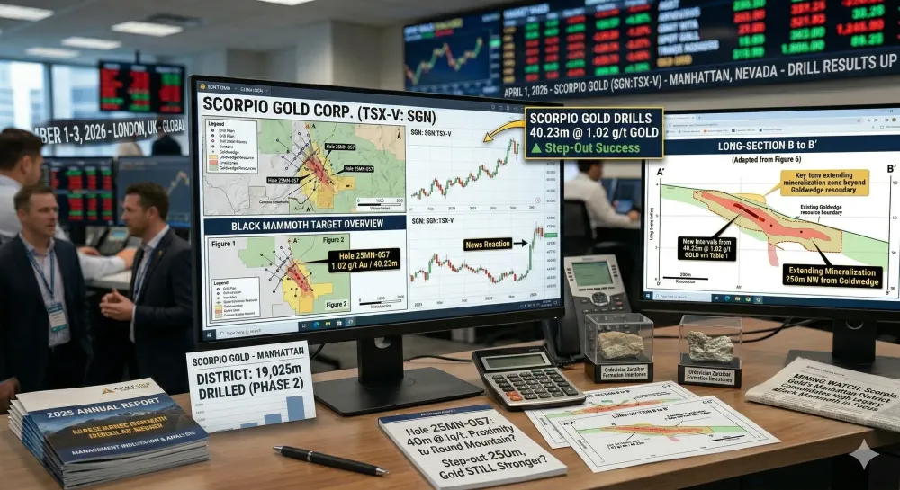 Scorpio Gold Drills 40.23 Metres Grading 1.02 g/t Gold, from 195.68 Metres at Black Mammoth, a Second 250 Metre Step-Out from Goldwedge, at the Manhattan District, Nevada