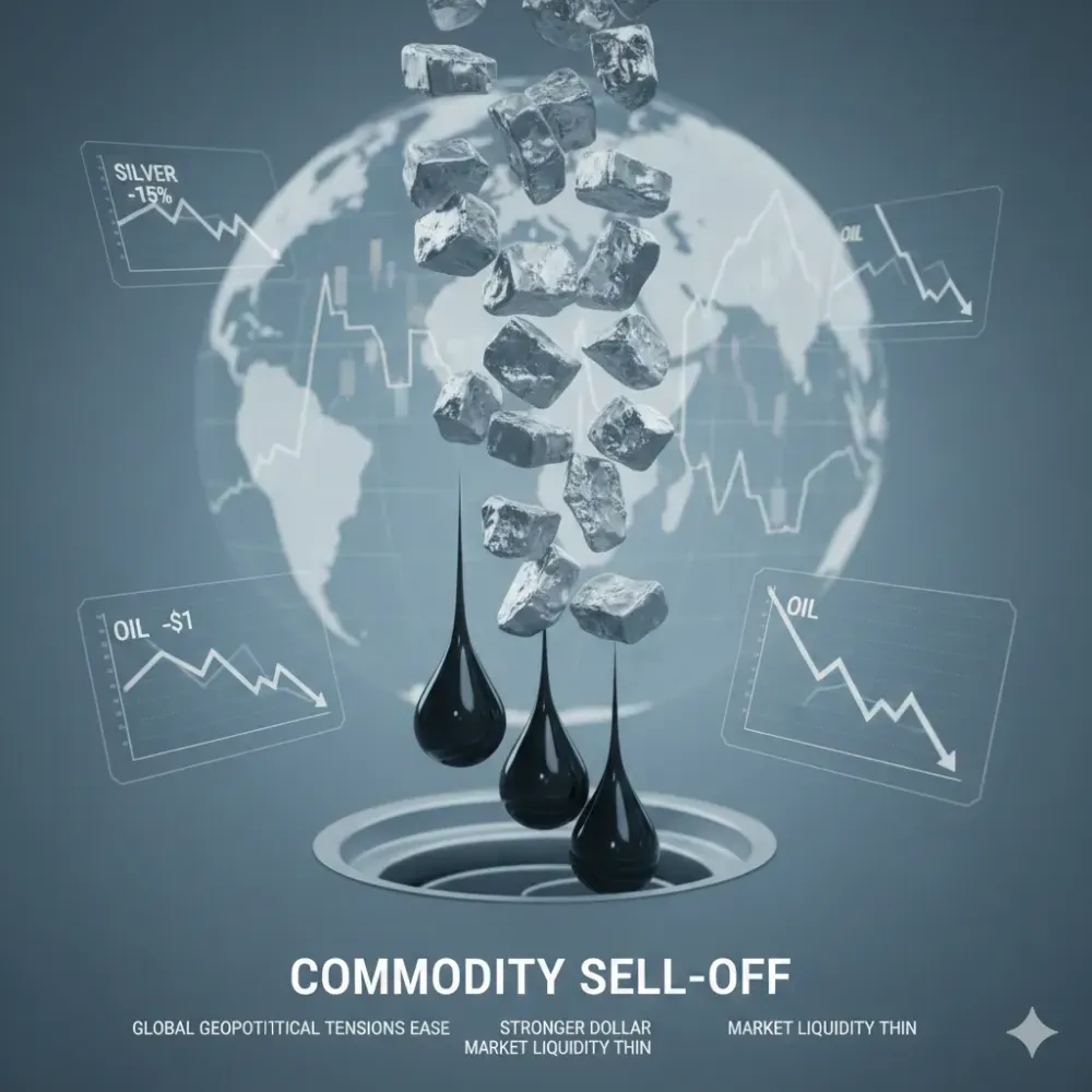 Silver tumbles, oil drops in commodity sell-off