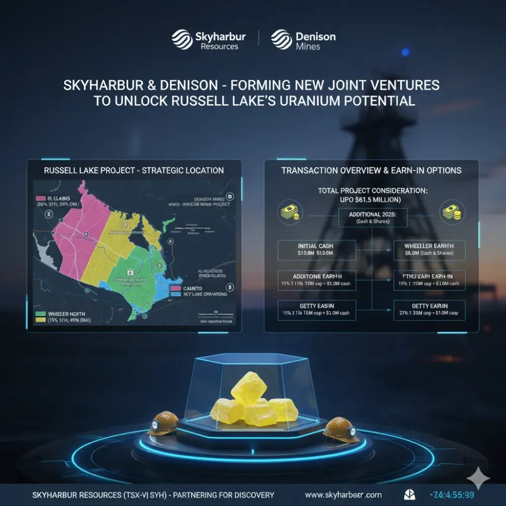Skyharbour Closes Major Strategic Transaction with Denison Mines to Form Four New Joint Ventures at Russell Lake with Combined Project Consideration up to $61.5 Million