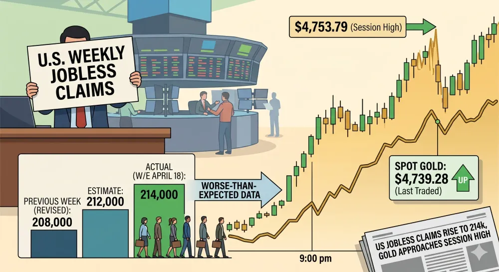 Spot gold approaches session high after U.S. weekly jobless claims rise to 214k