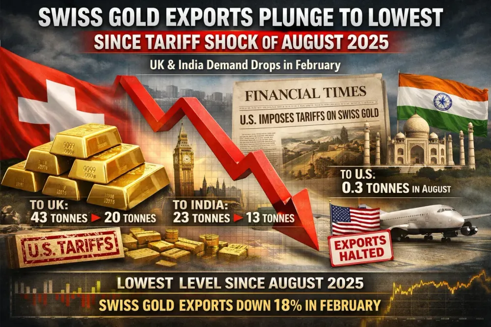 Swiss gold exports fall to their lowest level since the tariff shock of August 2025