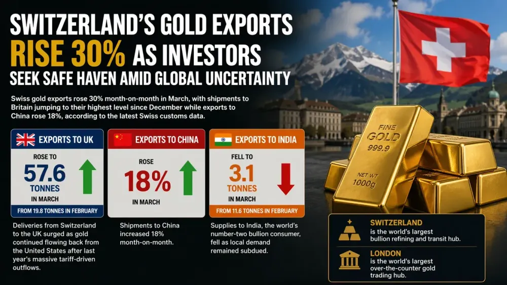 Switzerland’s gold exports rise 30% as investors seek safe haven amid global uncertainty