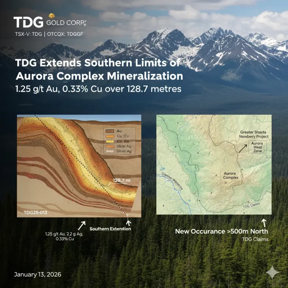 TDG Extends Southern Limits of Aurora Complex Mineralization 1.25 g/t Au, 0.33% Cu over 128.7 metres