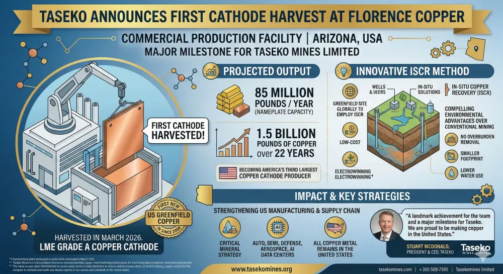 Taseko announces First Cathode Harvest at Florence Copper