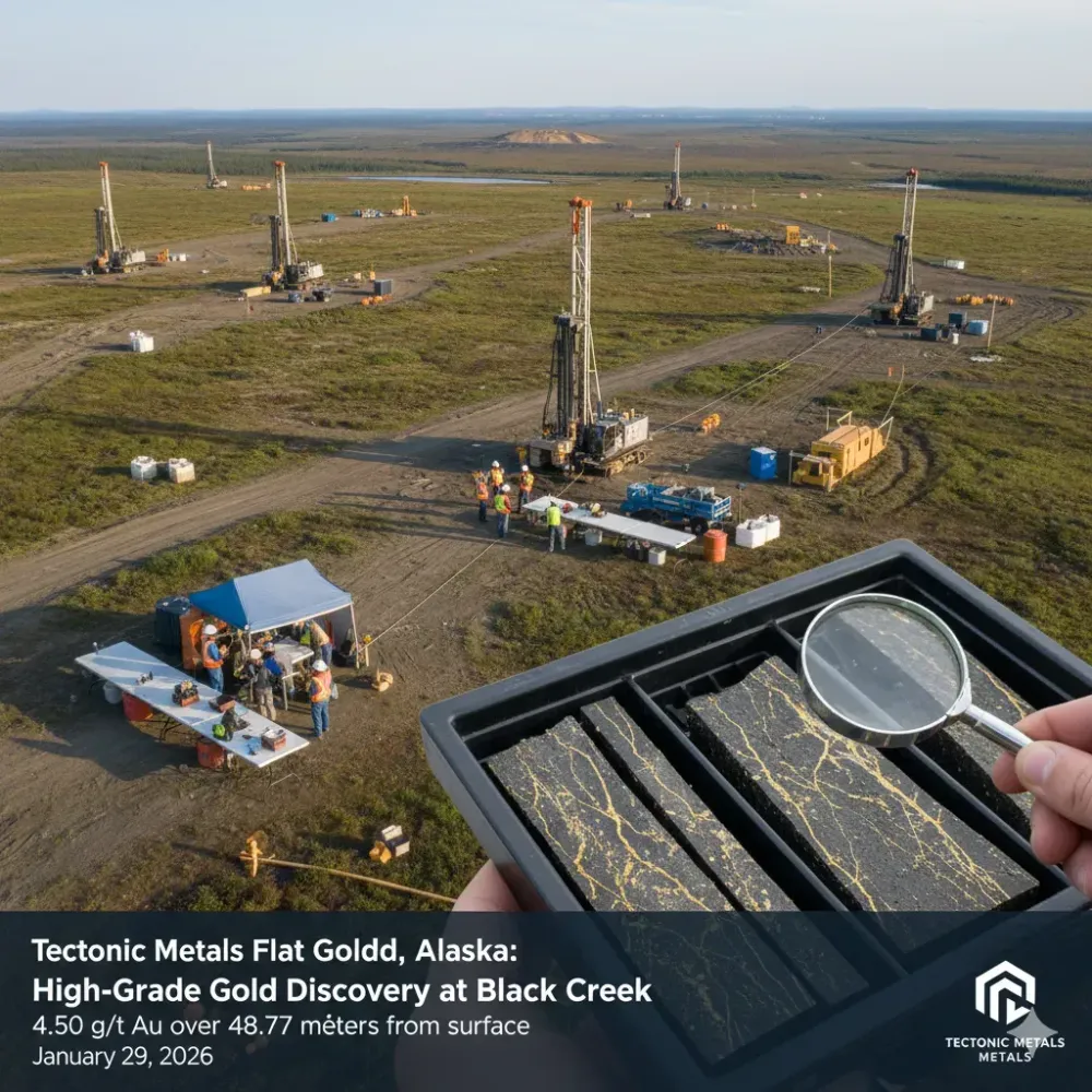 Tectonic Metals Drills 4.50 g/t Au over 48.77 metres with 7.79 g/t Au over 24.38 metres at New Target, Flat Gold Project, Alaska