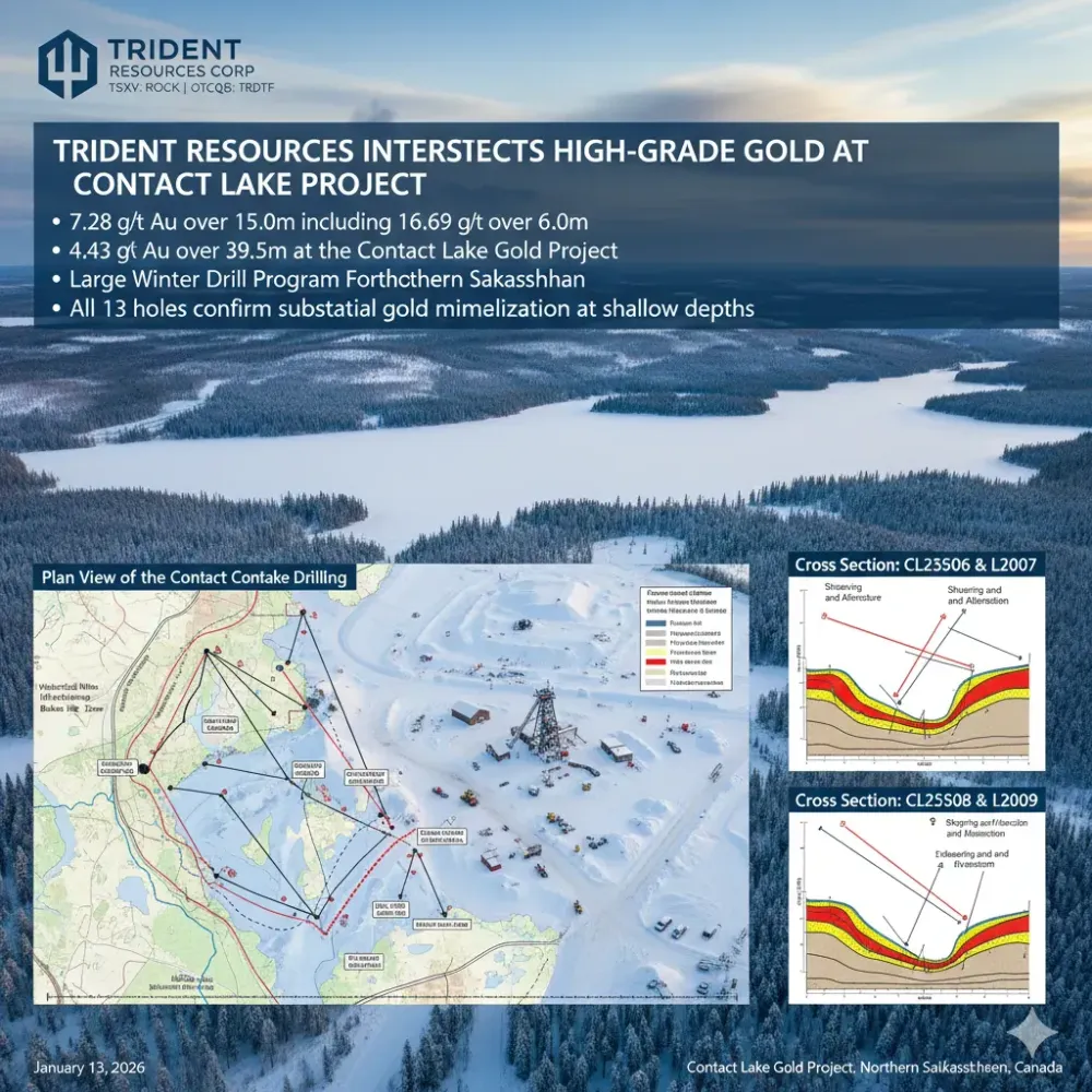 Trident Resources Intersects 7.28 g/t Au over 15.0m including 16.69 g/t Au over 6.0m as well as 4.43 g/t Au over 39.5m at the Contact Lake Gold Project in Northern Saskatchewan; Large Winter Drill Program Forthcoming