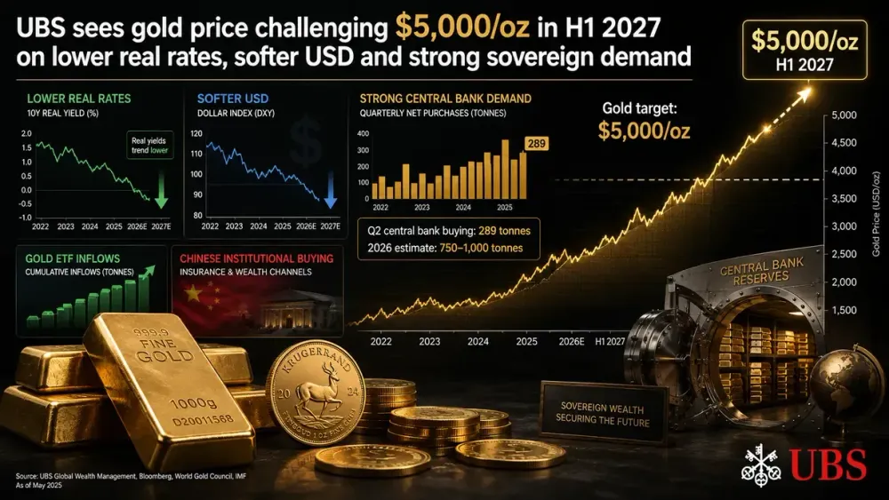 UBS sees gold price challenging $5,000/oz in H1 2027 on lower real rates, softer USD and strong sovereign demand