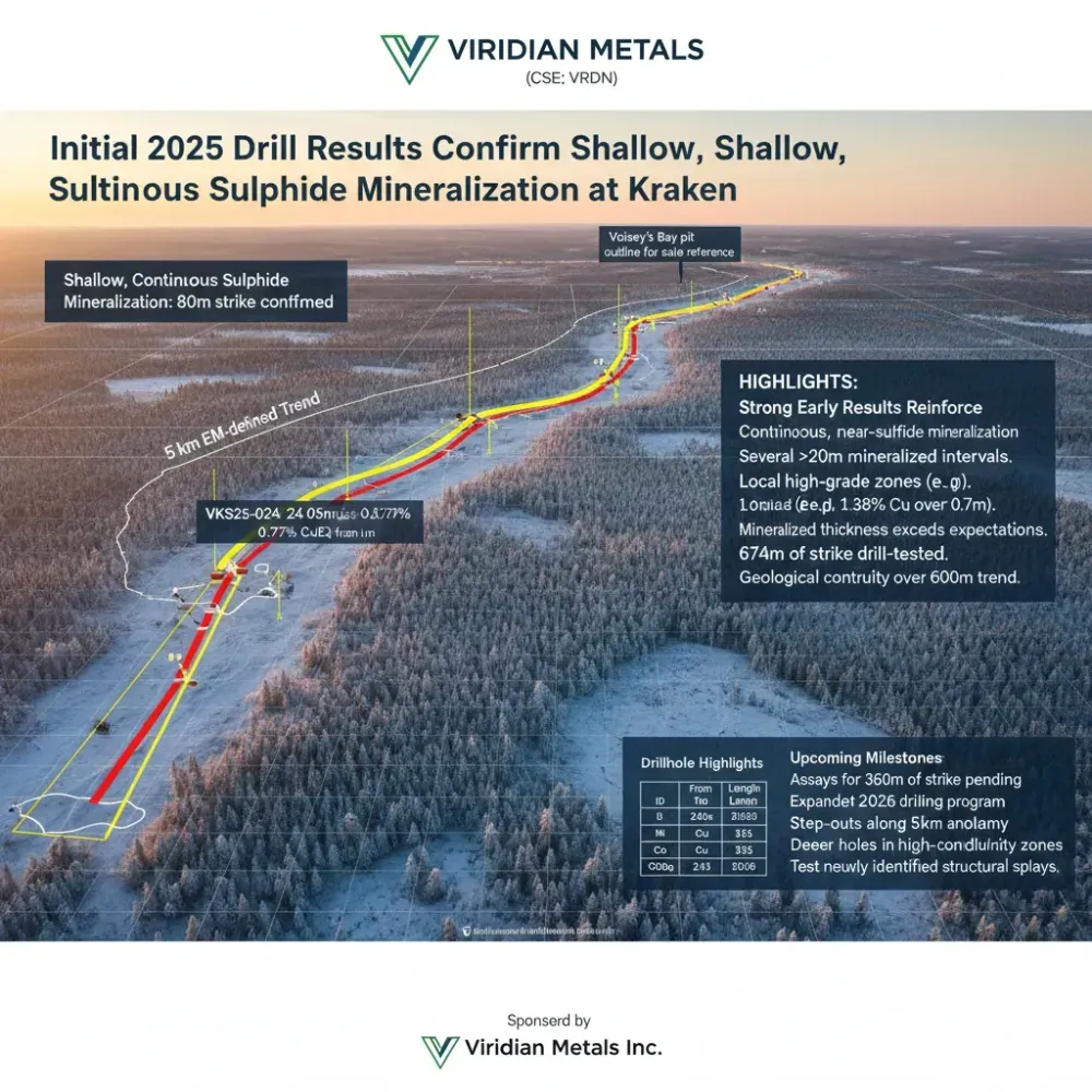 Viridian Releases Initial 2025 Drill Results Confirming Shallow, Continuous Sulphide Mineralization at Kraken