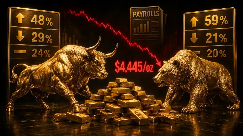Wall Street holds out hope for gold despite fall to $4,445/oz, Main Street pares bullish majority with payrolls now in focus