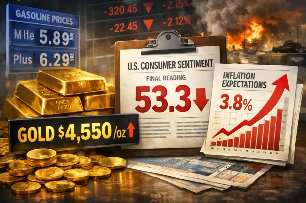 Spot gold shoots above $4,450/oz after final Consumer Sentiment falls to 53.3, one-year inflation expectations rise to 3.8%