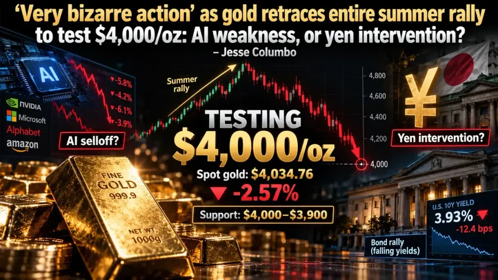 ‘Very bizarre action’ as gold retraces entire summer rally to test $4,000/oz: AI weakness, or yen intervention? – Jesse Columbo