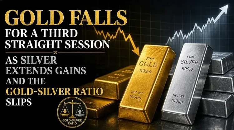 Gold falls for a third straight session as silver extends gains and the gold-silver ratio slips